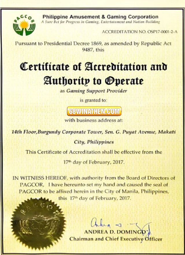 Giấy phép hoạt động 68win